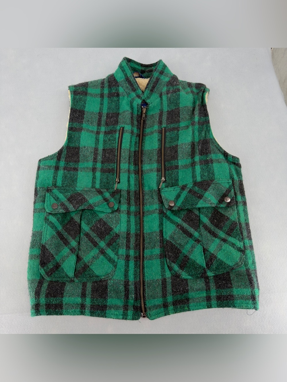 Vintage Northern Summit Green Black Buffalo Plaid Sherpa Lined Vest Medium Mens